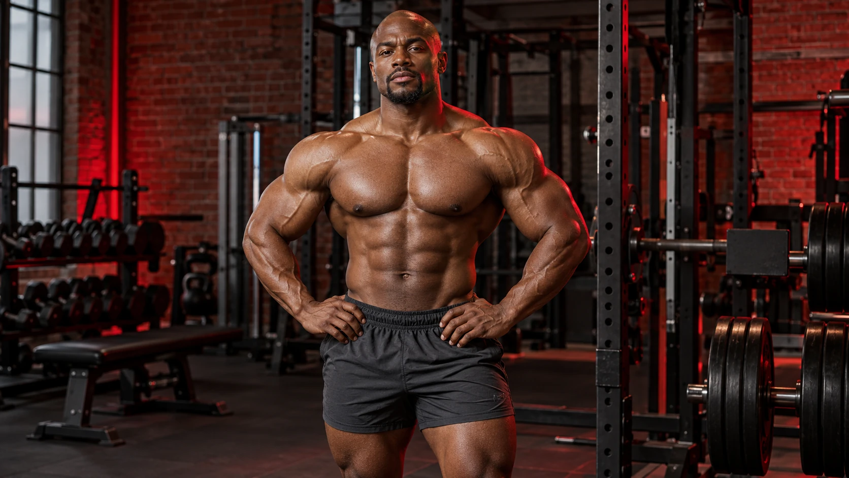 Adult bodybuilder with hands on hips beside a weight rack in a brick gym
